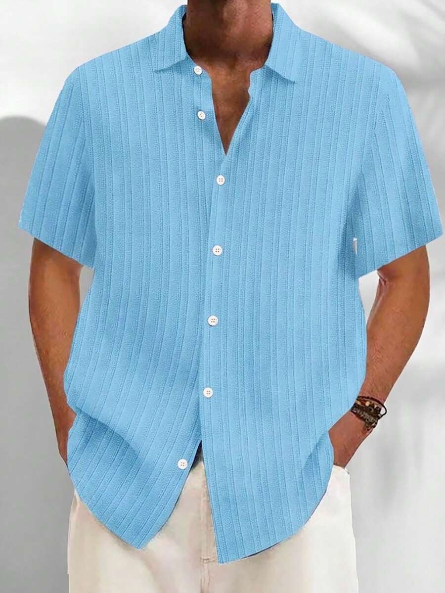 Casual Basic Striped Lightweight Plus Size Loose Fit Short Sleeve Shirt For Men - Baby Blue - View 1