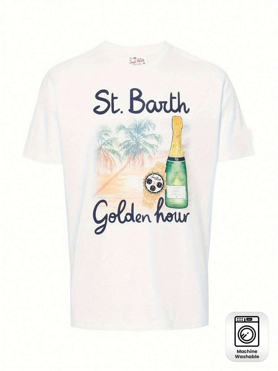 MC2 Men'S & Women'S St. Barth Golden Hour Tropical T-Shirt |   White Beach Vacation Shirt With St. Barts Graphic Print, Soccer, Champagne & Palm Tree Design, Relaxed Fit Round Neck Casual Tee For All-Season Comfort, Machine Washable - 白色 - 查看 1