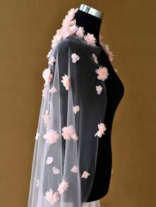 1 Tiers 3D Flower Bridal Veil With Comb Wedding Accessories For Bride Romantic Wedding Veil - 桃紅色 - 查看 6