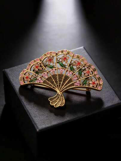 1 pieza Broche con forma de abanico vintage, accesorio de moda, adecuado para traje y decoración de cheongsam, estilo elegante, incrustado con rhinestones, adecuado como regalo para amigas, cumpleaños, San Valentín, regalos del Día de Acción de Gracias para la madre, el padre, graduación y maestro