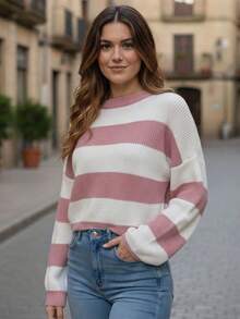 Women's Striped Knit Blouse With Long Sleeves And Round Neck - Versatile Winter - 裸體 - 查看 5