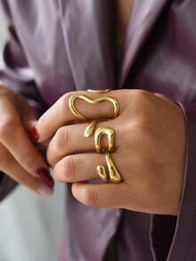 3件套几何简约不锈钢可调节开口戒指，适合女性日常、派对、送礼，百搭配饰 - 金色3件套 - 查看 3