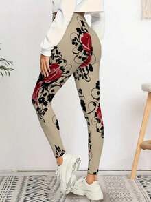 Women's Sexy Rose Print Leggings High Waisted Yoga Pants For Workout Running Casual Wear Floral Design Butter Soft Athletic Tights Valentine's Day Gift Idea Compression Leggings For Women Athleisure Style For Her - 彩色 - 查看 3