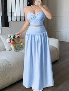 女士蓝色条纹抹胸扭结短上衣和高腰长裙两件套，甜美休闲，浪漫度假，日常出行，派对，约会，海边漫步，露脐上衣搭配长裙，春夏穿搭 - 藍色 - 查看 4