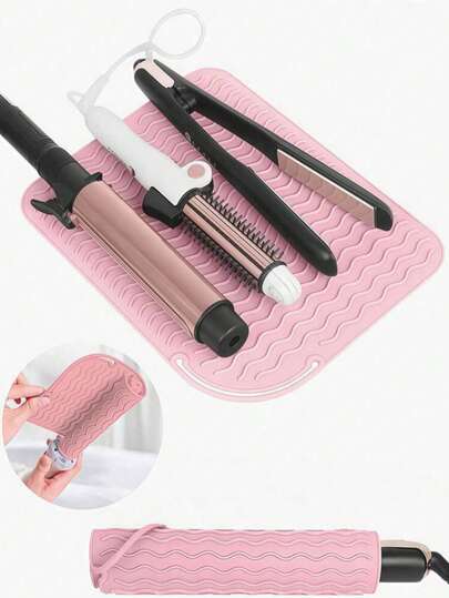1 Silicone Heat-Resistant Pad For Curlers And Straighteners, 2-In-1 Anti Slip Travel Pad, Pink Wave Design, Durable And Easy To Clean, Pink - Perfect For Styling Tools, Curlers, Travel Essentials, Styling Accessories