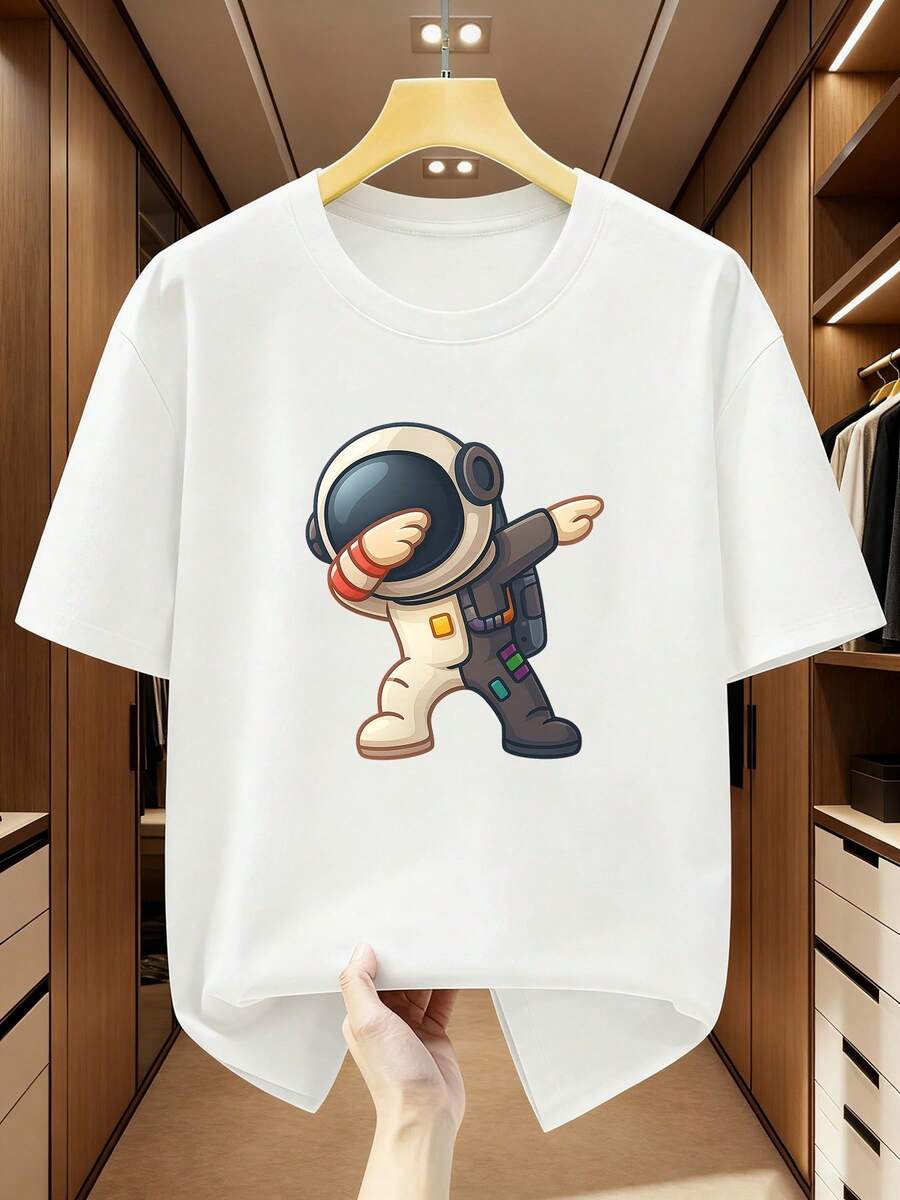 Camiseta de Talla Grande para Hombre, 100% Algodón, con Estampado de Astronauta de Dibujos Animados, Cuello Redondo, Manga Corta, Camiseta Casual Cómoda para Verano, TALLA GRANDE - Blanco - Ver 1