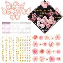 Haakong Graduation Cap Decorations DIY Kit Included Faux Flowers Butterfly Stickers Self Adhesive Rhinestones Glitter Alphabet Stickers For Grad Cap Topper Pink - Pink - View 8
