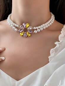 Elegante conjunto de collar y aretes con girasol y perlas falsas, adecuado como regalo de boda/fiesta para mujeres - flores - Ver 4