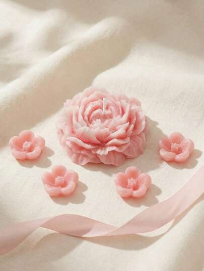 5pcs Peony Scented Candle Set, 1 Large And 4 Small Exquisite Floral Candles, Suitable For Indoor Decor, Tabletop Display, Women's Gift