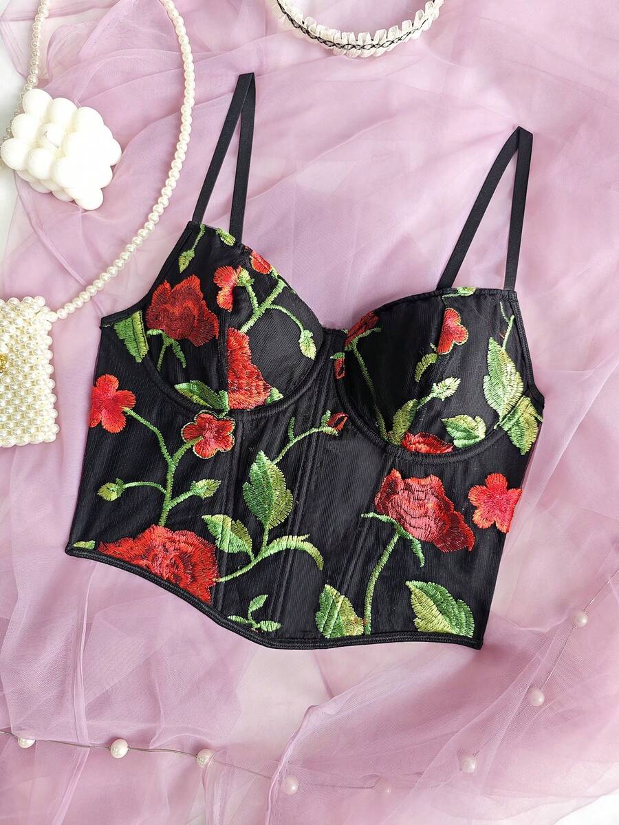 Sexy Black Floral Embroidery Corset Top