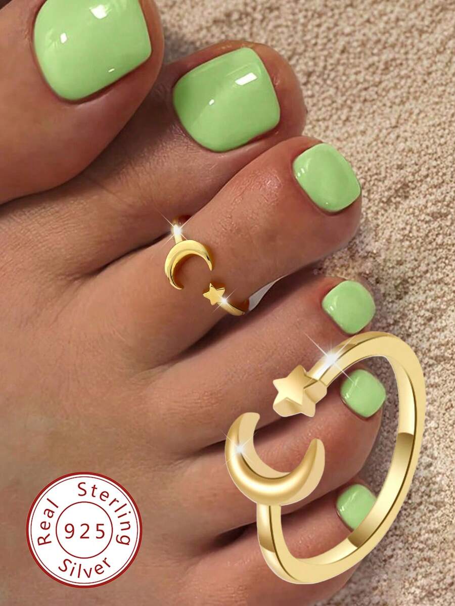 1pc S925 Sterling Silver Minimalist Star & Moon Adjustable Toe Ring, Suitable For Summer Beach Wear - Star and Moon Toe Ring - View 1