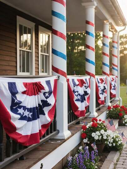 High Quality Printed American Flag, Patriotic Hand Fan Flag, American Flag Banner, US Flag, Half Fan-Shaped Flag. Fine Stitching, Fade-Resistant, Durable Polyester Fiber, Indoor And Outdoor Decor. July 4th Decoration, Memorial Day Decoration, Patriotic Party Supplies, Red White Blue Decor, Porch And Railing Decor For Independence Day, Memorial Day, Political Campaign Rallies - With Hook