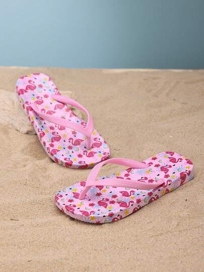 1 par de chanclas cómodas y de moda para niñas, de estilo casual y ligeras, con estampado de flamencos en EVA, versátiles para uso interior/exterior, sandalias de dedo de color rosa, para primavera/verano