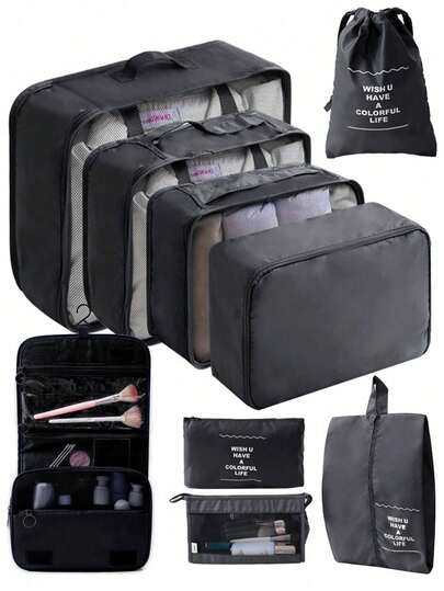 9 túi đựng đồ du lịch màu đen, đồ dùng thiết yếu cho ký túc xá sinh viên, túi đựng quần áo in chữ, bộ sắp xếp hành lý, bộ sắp xếp vali, bộ đồ dùng thiết yếu cho ký túc xá và trường học kèm túi đựng đồ lót, túi hành lý chống thấm nước, chống bụi có khóa kéo, túi nylon dùng cho nam và nữ đi học.