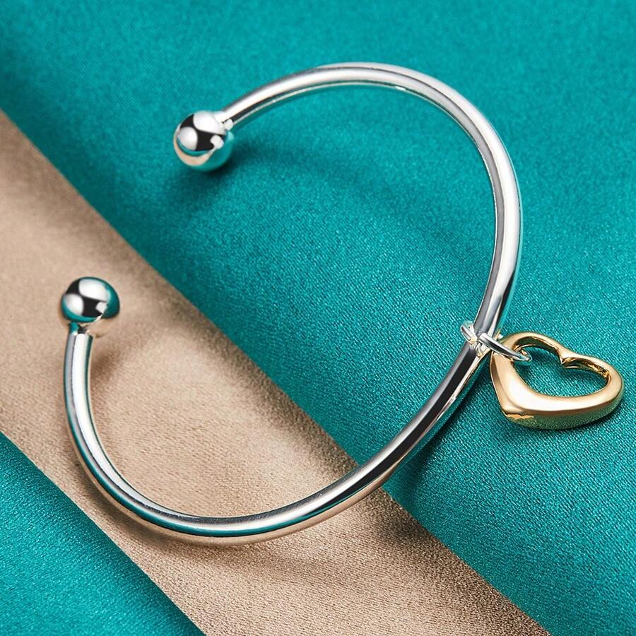 925镀银C型双头心形手镯，女士婚礼订婚时尚魅力饰品 - 銀色 - 查看 1