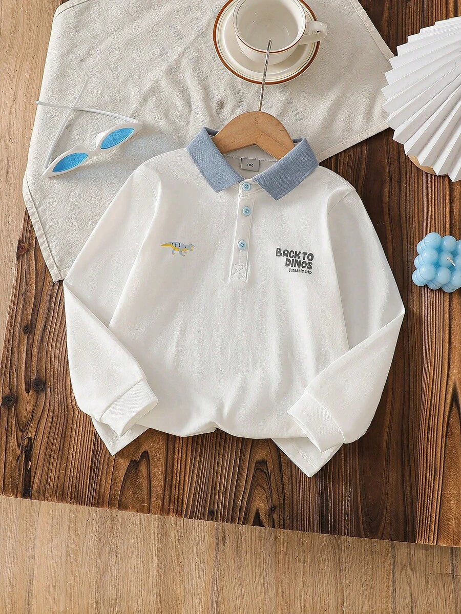 New Boys' Long Sleeve Polo Shirt, Casual Collared Top, Minimalist Versatile Design, Suitable For Spring & Autumn - White - View 1