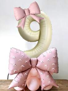 43pcs Birthday Theme 0-9 Number Balloon Set, 40-Inch Cream Color Number Foil Balloons, Pink Bow Balloons, Pink Latex Balloons, Bow Ribbon Accessories Suitable For Birthday Party, Anniversary Decoration - Birthday Suit - View 9