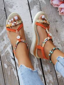 WRCVS 橙色女士编织带凉鞋，夏季厚底手工串珠编织鞋，轻便度假凉鞋，波西米亚风增高鞋，复古图案随机户外凉鞋 - 橘色 - 查看 4