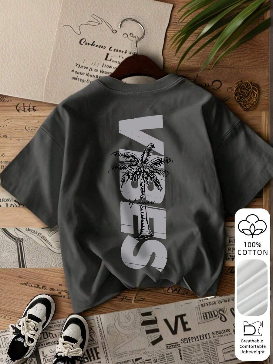 Áo nữ dáng rộng, chất liệu 100% cotton, in họa tiết cây cọ "VIBES" dọc theo thân áo, mềm mại, thoáng khí, tôn dáng, kiểu dáng thường ngày phong cách Mỹ, tay ngắn, thích hợp cho kỳ nghỉ biển, tiệc bể bơi và cắm trại mùa hè. - Màu xám đen - Xem 1
