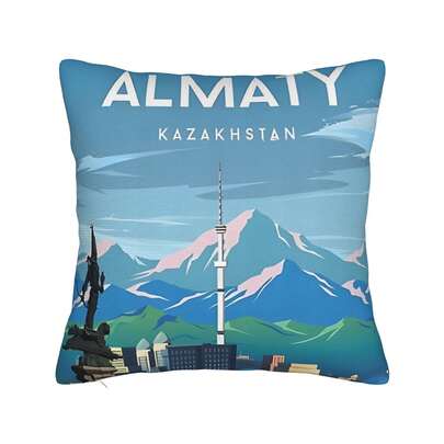 Almaty Kazakhstan Travel Poster Polyester Cushion Cover |   Comfortable And Soft, Decorative Pillowcase, Machine Washable, Zipper Closure