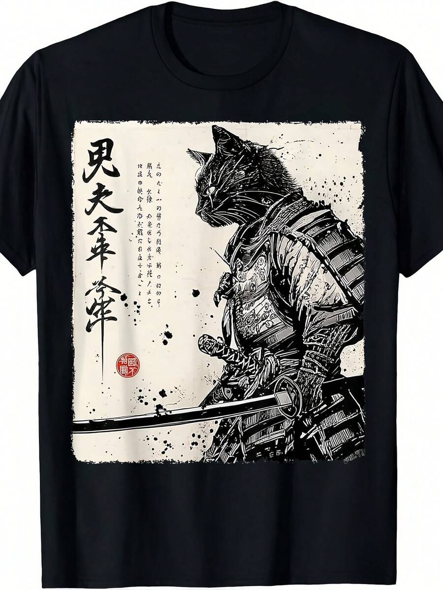 1pc Kids' Samurai Cat Print Black TShirt, Crew Neck, Casual Cotton Tee, Medium Stretch Knit Fabric, Regular Fit For Boys& Girls Children, Japanese Warrior Pattern, For Spring/Summer/Fall Holidays - 黑色 - 查看 1