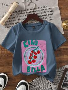 1件女童休闲短袖“海岸风情日落”沙滩图案印花圆领T恤 - 藍色 - 查看 3