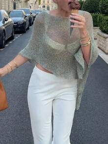 FOR BEAUTY Summer New Women's Solid Color Ribbed Light Apricot Knit Cardigan, Asymmetric Hem Design, Fine Shiny Texture Knit, Lightweight & Breathable, Slightly Loose Fit Suitable For Various Body Types, Vacation & Beach Casual Style Top - màu xanh lá - Xem 4