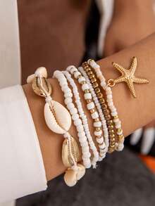 Conjunto de 7 brazaletes para mujer trenzados de cuentas de arroz con estrellas de conchas de aleación al estilo europeo y americano, perfecto para playa de verano - Multicolor - Ver 4