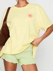 Summer TopsWomen Y2k Oversized Graphic Tees Floral Print Short Sleeve Crewneck T Shirts Loose Fit Summer   Tops For Teen Girls Aesthetic Clothes 2000s - 芥末黃 - 查看 11