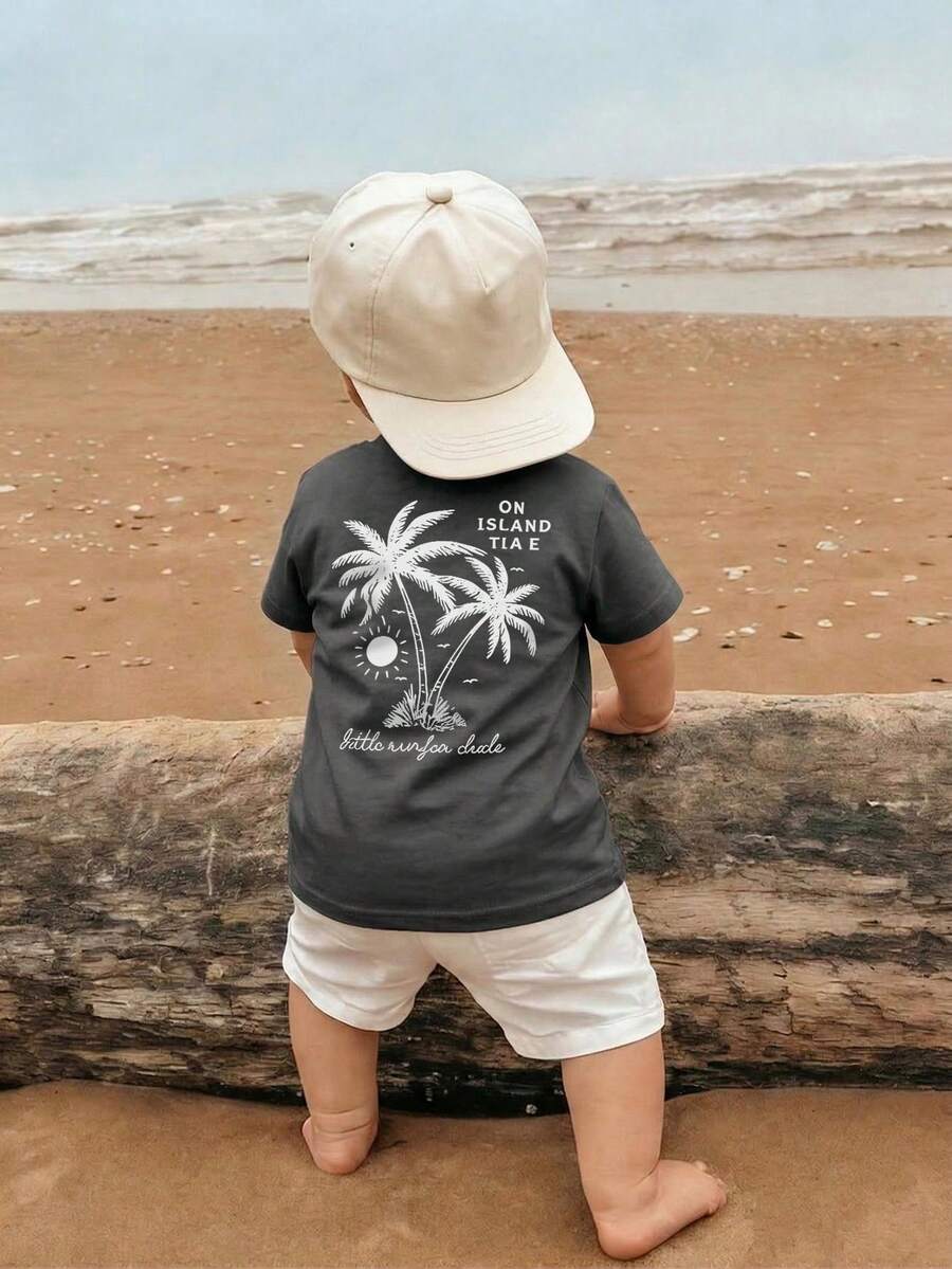 1件男婴图案印花休闲圆领短袖T恤，夏季童装 - 一件引人注目的T恤，为每个孩子带来欢乐和幸福！ - 深灰色 - 查看 1