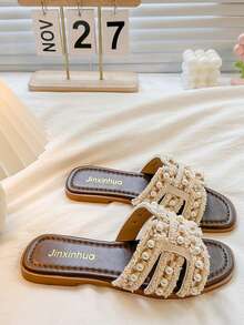 2026 New Pearl Embellished Flat Slide Sandals, Elegant One-Strap Beach Slippers For Women - Off White - View 4