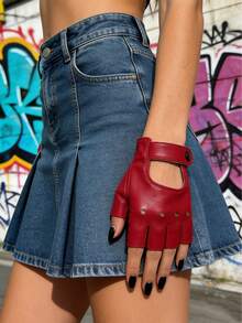 1 Pair Fingerless Motorcycle Leather Gloves - Red - View 1