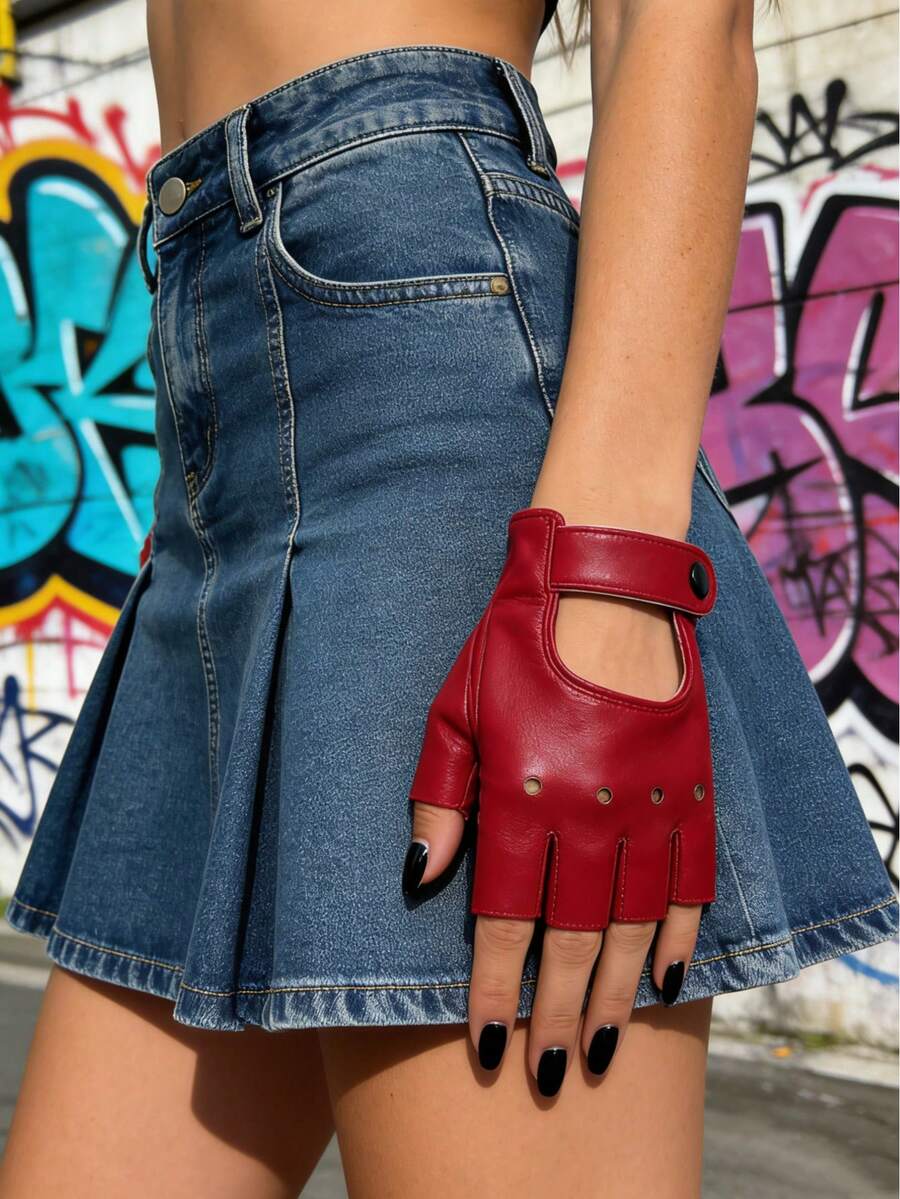 1 Pair Fingerless Motorcycle Leather Gloves - Red - View 1