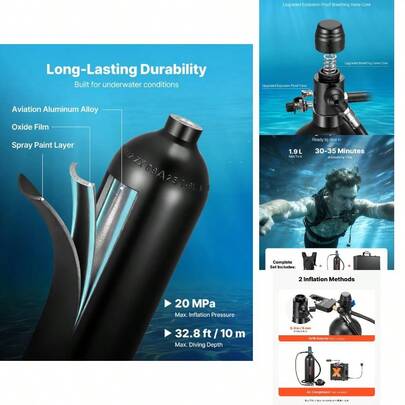1.9L Portable Breathing, Reusable Lung Cylinder Up To 35 Minutes Dive Time, Emergency Rescue Bottle With Backpack Snorkeling