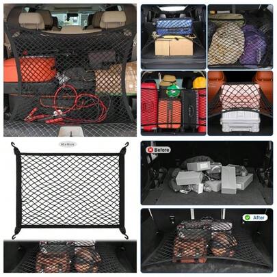 Cargo Net, Adjustable Elastic Car Boot Mesh 60x40cm, Single - Layer Luggage Fixed Organizer With 4 Hooks, Universal Nylon Vehicle Van SUV Black