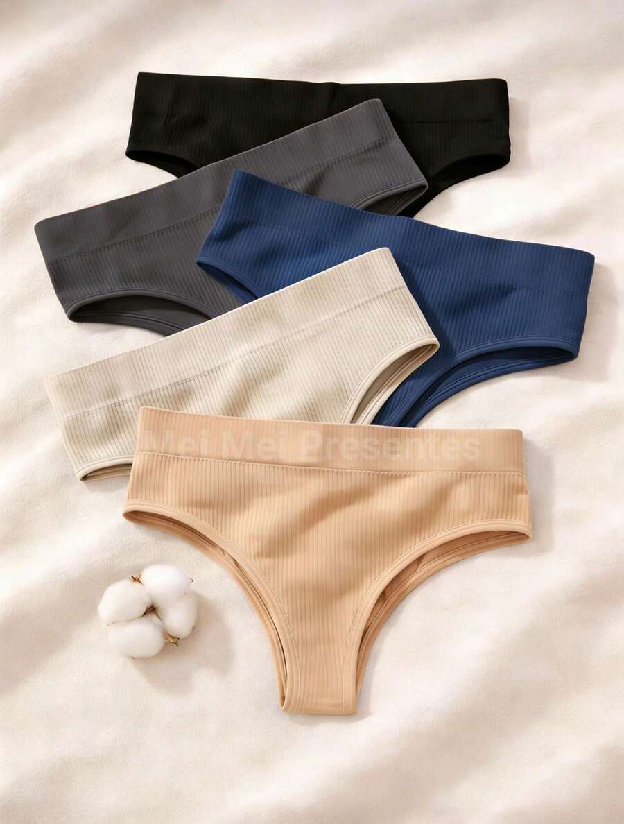 Kit 4 Calcinhas Canelada Importada Tanga Confortável Cintura Alta Pala Dupla  - Cores Variadas - Multicolorido - Visão 1
