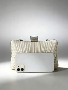 Pleated Satin Evening Clutch Ivory Rhinestone Clasp Formal Wedding Handbag With Decorative Handle - Apricot - View 5