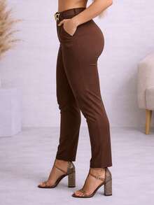 Women's Tailored Dress Pants With Elegant Belt And Buckle, Skinny Style, High Waist. - 鏽棕色 - 查看 3