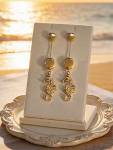 1 Pair Women's Resort Style Dangle Earrings, Metal 3D Ocean Element Design, Suitable For Daily Wear And Beach - Seahorse + Oval - View 2