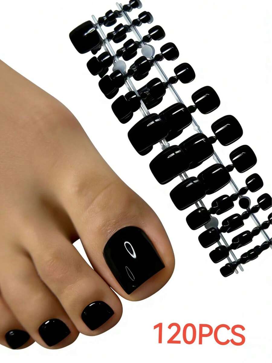 120 móng chân giả bóng, 12 kích cỡ/hộp, móng dán màu đen, móng giả acrylic vuông ngắn phủ kín toàn bộ móng, dụng cụ làm móng nghệ thuật cho nữ và bé gái. - màu đen - Xem 1