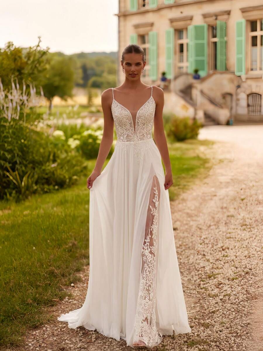 Romantic Spaghetti Strap Deep V Lace Embroidery Tulle Wedding Dress With Side Slit, Wedding Dresses For Bride, Elegant And Comfortable, Includes Plus Sizes, Bridal Gown, Formal Dresses For Women, Suitable For Wedding, Party, Vacation, Bride, Formal Occasions, Dinner Dress, Prom Dress, After-Party Dress, Homecoming Dress, Cocktail Party, Birthday Party, Celebration, Gala, Festival, Ceremony, White - White - View 1