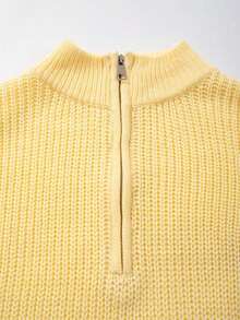 Women's Simple Ribbed Solid Color Casual Korean Textured Commuter Loose Versatile Stand Collar Zipper Half-Placket Pullover Long Sleeve Sweater, Spring/Autumn/Winter - 黃色 - 查看 7