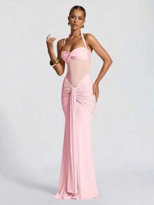 Sexy Spaghetti Strap Backless Waist Cinched High Slit Dress, Mesh Patchwork Vacation Party Dress - 粉色 - 查看 4