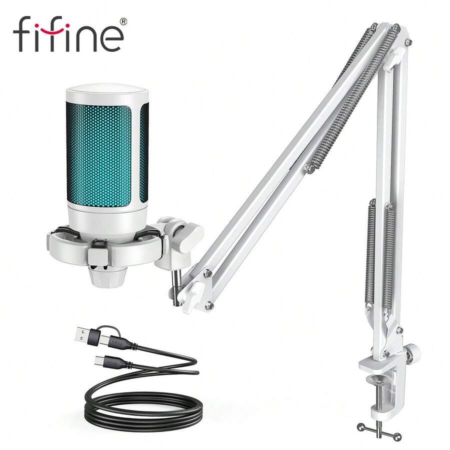 USB Gaming Microphone Set, USB RGB Microphone Set With Boom Arm And Mute Button, Suitable For PC, Laptop, Gaming, Condenser Microphone For Video Conference, Singing, Live Recording, Podcast, Streaming - FIFINE A2T White
