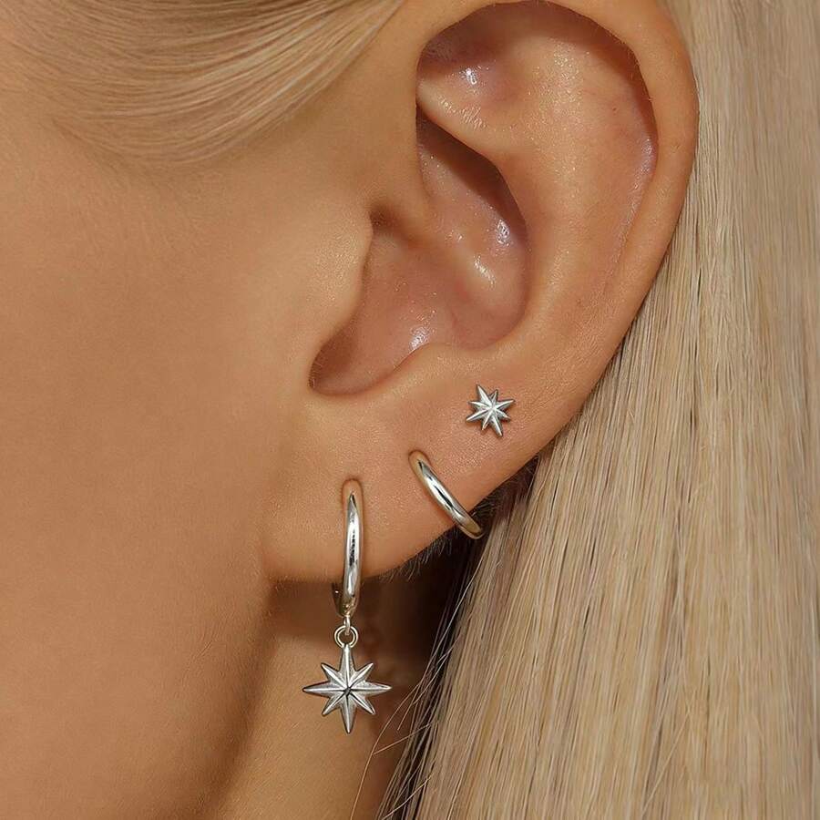 3pcs Fashionable Delicate Mini Earrings, Star Pendant Clip-On Earrings, Suitable For Festivals, Holidays, Parties, Dates, Gifts And Daily Wear - Multicolor - View 1