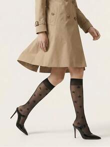 1 đôi tất nữ cao đến đầu gối bằng vải lưới xuyên thấu họa tiết ngôi sao, gợi cảm, thoáng khí, kiểu dáng Y2K thanh lịch, mỏng nhẹ, sang trọng, thích hợp mặc hàng ngày và dự tiệc. - màu đen - Xem 4