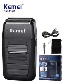 Kemei KM-1102 电动剃须刀 可充电无线男士胡须修剪器 日常使用往复式剃须刀 便携式剃须刀 USB理发器 面部护理多功能光头剃须刀 适合男士的礼物 - 黑色 - 查看 2