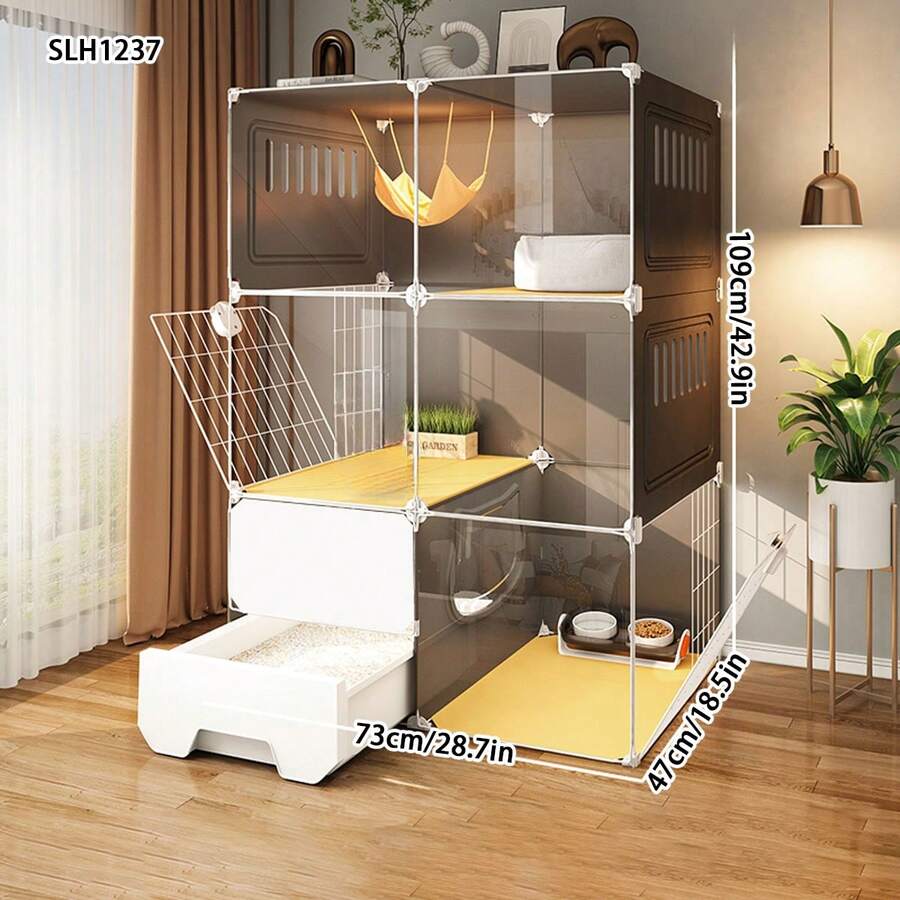 Multi-Layer Resin Plastic Transparent Cat House, Detachable & Stackable Cat Cage With Drawer Litter Box, Suitable For Kittens Indoor Home Use