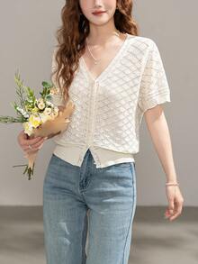 Áo dệt kim tay ngắn cổ chữ V thanh lịch dành cho nữ, thích hợp cho mùa hè. - Màu be - Xem 4