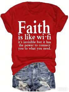 Women Christian Faith Letter Print T-Shirt, Faith Is Like Wi-Fi Graphic Round Neck Short Sleeve 100% Cotton Summer Top, Plus Size All Season - 紅色 - 查看 3